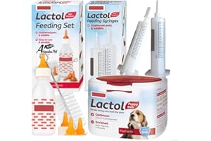 ALPHA DOG Puppy Feeding Set - 250g Lactol Puppy Milk Replacer + Feeding Bottle, cleaning brush, replacement teats, 2 Syringes different sizes - Newborn Nursing & Hand-Rearing Kit - Suitable From Birth