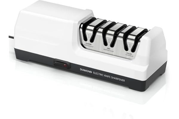 Aiguiseur de couteaux électrique MusyVocay 100% diamant, aiguiseur de couteaux de cuisine professionnel à 3 niveaux et 20 degrés avec guide d'angle de précision pour un affûtage grossier (Blanc)