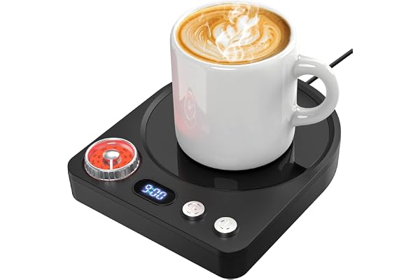 Accwork Chauffe Tasse Bureau Contrôlé par Bouton Rotatif à 9 Niveaux de Température, Réchauffe Tasse avec Minuterie 0.5-9H Arrêt Automatique, Maintenir au Chaud Le Thé, Le Lait et Le Café