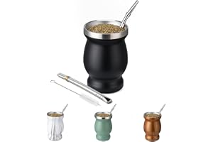 Husfunov 8oz Yerba Mate Cup, 304 Stainless Steel Double-Wall Mate Cup, Heat Insulation Yerba Mate Gourd, Tea Cup Set Includes Cleaning Brush & 2 Bombillas (Black)