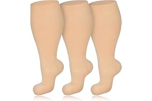 KOMICO 3 Pairs Plus Size Compression Socks for Women & Men, 20-30 mmHg Wide Calf Extra Large Knee High Flight Socks Compression Stockings for Circulation Support