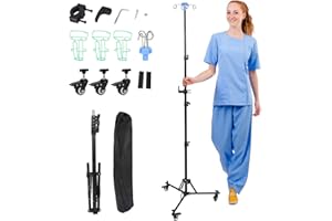 BTSAE Infusionsständer mit Rollen und Ablagehaken, Faltbar Höhenverstellbar IV-Ständer mit 4 Haken und 3 Rädern, Tragbarer Infusionsständer für Krankenhaus, Hauspflege und Unterwegs (mit Ablagehaken)
