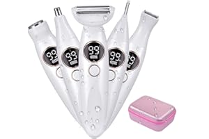 AFANEEP Rasoio Elettrico Intimo Donna, 5 In 1 Rasoio Donna Parti Intime con Ricarica USB Basamento Indolore Multifunzione Trimmer per Bikini, Ascelle, Braccio, Gambe, IPX7 Impermeabile