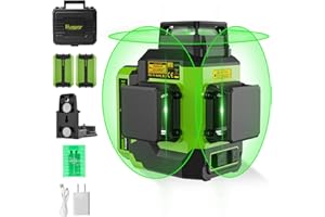 Huepar 3 x 360 nivel laser autonivelante verde 3D Herramienta láser de nivelación y alineación de tres planos, 2 baterías de litio con cable de Type-C y soporte magnético, estuche rígido-LS03CG