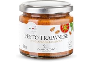 CAMPO D'ORO | PESTO TRAPANESE CON MANDORLE DI AVOLA 180 GR | Specialità siciliane per ricette, sugo pronto siciliano con pomodoro fresco, basilico e Mandorle di Avola.100% Made in Italy