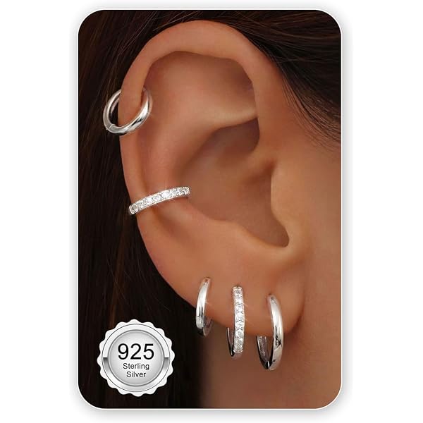 FANCH Set Da 4 Paia Orecchini A Cerchio In Argento 925 Con Zirconi, 10mm, Ipoallergenici, Stili Diversi Con Stelline E Cuori