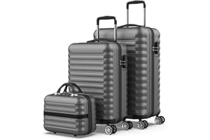 NEWTECK NUMADA-Set di 3 valigie e borsa da toilette Mod Grigio (53/63 cm) ABS con 4 ruote doppie e lucchetto combinazione laterale