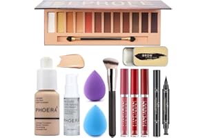 HQDA All in One Makeup Set 12 Colours Eyeshadow Palette Matte Foundation Face Primer, 3 Colours Liquid Lipstick, Eyebrow Soap, Winged Eyeliner Stamp, Makeup Brush, Makeup Sponge, Makeup Set (Set A)