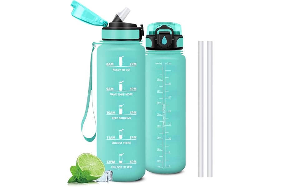 Mujigaga 1 Litre Water Bottle, Leak Proof Gym Water Bottle, Easy Clean Water Bottles with Time Marker, Motivational Water Bottles with Straw for Fitness, Office, Running