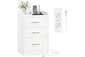 ‎FIRFURD FirFurd Stolik nocny z gniazdkiem, stolik pomocniczy, szafka nocna z 3 szufladami, 2 gniazda AC i 2 porty USB, do sypialni, salonu, gabinetu, 40 x 38 x 66 cm, biały