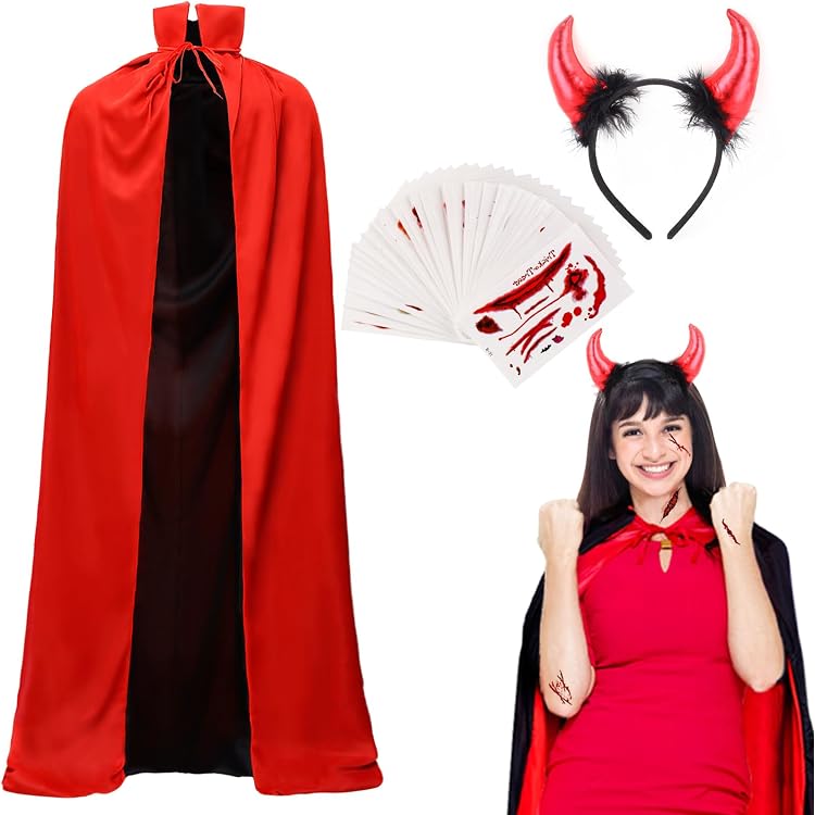Halloween Kostüm Damen Set – Doppelseitiger Umhang 175 Cm Mit Teufel Hörner & Tattoos