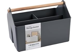 BLUE GINKGO Medium Storage Basket – Plastic Caddy with Wooden Handle for Office, Arts & Crafts, or Home Supplies (Grey)