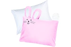 kinder Fluff Cuscino per Bambini con Federa Transpirante Morbido 100% Cotone. Resistente, Ipoallergenico e Lavabile in Lavatrice. Cuscini Letto per Bambini con Federa Disegno Coniglietto - Rosa