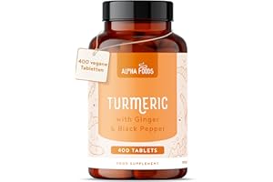‎ALPHA FOODS Kurkuma Hochdosiert | 2500mg pro Tagesdosis | 400 Turmeric Tabletten | Mit Curcumin Extrakt, Schwarzem Pfeffer & Ingwer | Vegan, Ohne Zusatzstoffe | Alternative zu Curcuma Kapseln | Alpha Foods