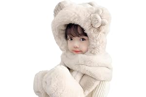 LONTG 3 en 1 Enfant Bonnet Echarpe Gant Hiver en Peluche Chaud Mignon Chapeau d’Hiver Polaire pour Garcon Fille Tour de Cou Doux Épais Bonnet Bob d’Hiver Coupe-Vent pour Sport Ski 3-8 Ans