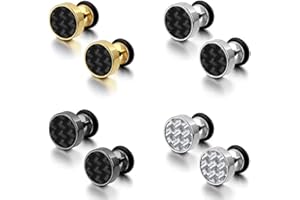 EPOCH WORLD Zestaw 4 par kolczyków ze stali nierdzewnej dla mężczyzn kobiet dziewcząt chłopców, męskie kolczyki sztyfty srebrne damskie kolczyki złote, czarne kolczyki z włókna węglowego mężczyźni kobiety małe zatyczki do piercingu tunel hipoalergiczne 8 mm
