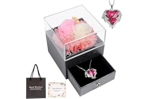 JARAGAR Konservierte echte Rose mit Herz Halskette, Echte handgefertigte 2 Rose Blumen Geschenke für Mama Frau Freundin Sie am Jahrestag Mütter Tag Valentinstag Weihnachten Geburtstag