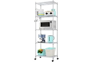 Devo 5 Tier Shelving Unit with Wheels, Height Adjustable Standing Shelf with Wheels, Pantry on Wheels, Storage Rack with Hooks for Bathroom, Kitchen, Silver, 36 cm x 61 cm x 180 cm