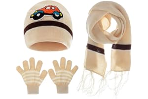KSOPSDEY Bufanda y Guantes Punto para Niños, Conjunto de Tres Piezas Gorro, Traje Gorro de Invierno Bufanda Bebé, Guantes bufanda Gorro Punto de Niño Niña (Beige)