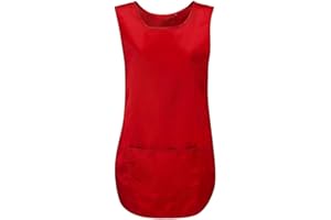 ESHOPPINGWAREHOUSE Ladies Plain Pocket Apron Womens Cleaning Catering Sleeveless Vest Top Tabard Red Large