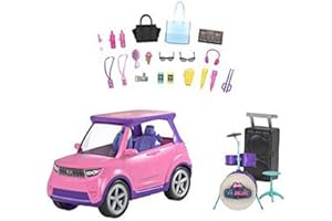 ​Barbie: Big City Big Dreams Zestaw do zabawy z transformacją, różowy pojazd na 2 pasażerów przekształcający się w scenę + akcesoria koncertowe, prezent dla dzieci w wieku od 3 do 7 lat, GYJ25