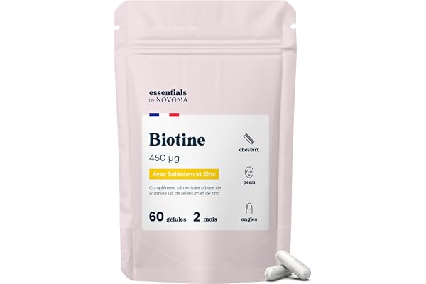 Biotine avec Sélénium et Zinc, Accélère la Pousse des Cheveux, Cure de 2 mois, 60 Gélules Végétales, Complément Alimentaire de Vitamine B8, Fabriqué en France, Essentials by Novoma