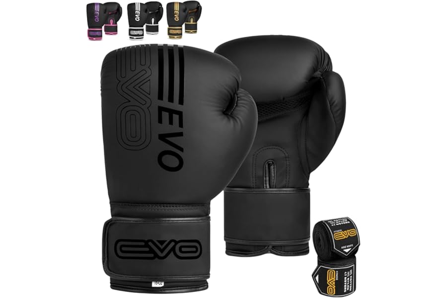 EVO Fitness Matte Black Boxing Gloves MMA Muay Thai Martial Arts Kick Boxing Sparring Training Fighting Men Punch Bag Women Pink Gloves With Hand Wraps