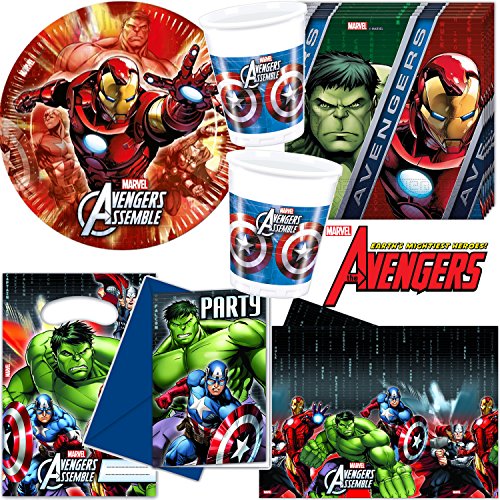 101-teiliges * AVENGERS ASSEMBLE * PARTY SET für Kindergeburtstag oder Motto-Party für bis zu 8 Kinder: Teller, Becher, Servietten, Einladungen, Tischdecke, Partytüten, Luftschlangen, Luftballons, u.v.m. // Mottoparty Thor Iron Man Hulk Captain America Hawkeye Black Widow