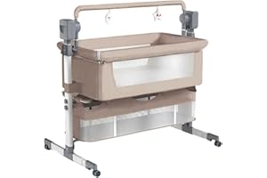 Veitoalioy Elettrica Bluetooth Intelligente Culla Neonato Next to Me, Telecomando e 5 Ingranaggi Ondeggianti, Culla Neonato Fianco Letto, Co-sleeping con Materasso, Lullaby Musica (601 Beige)