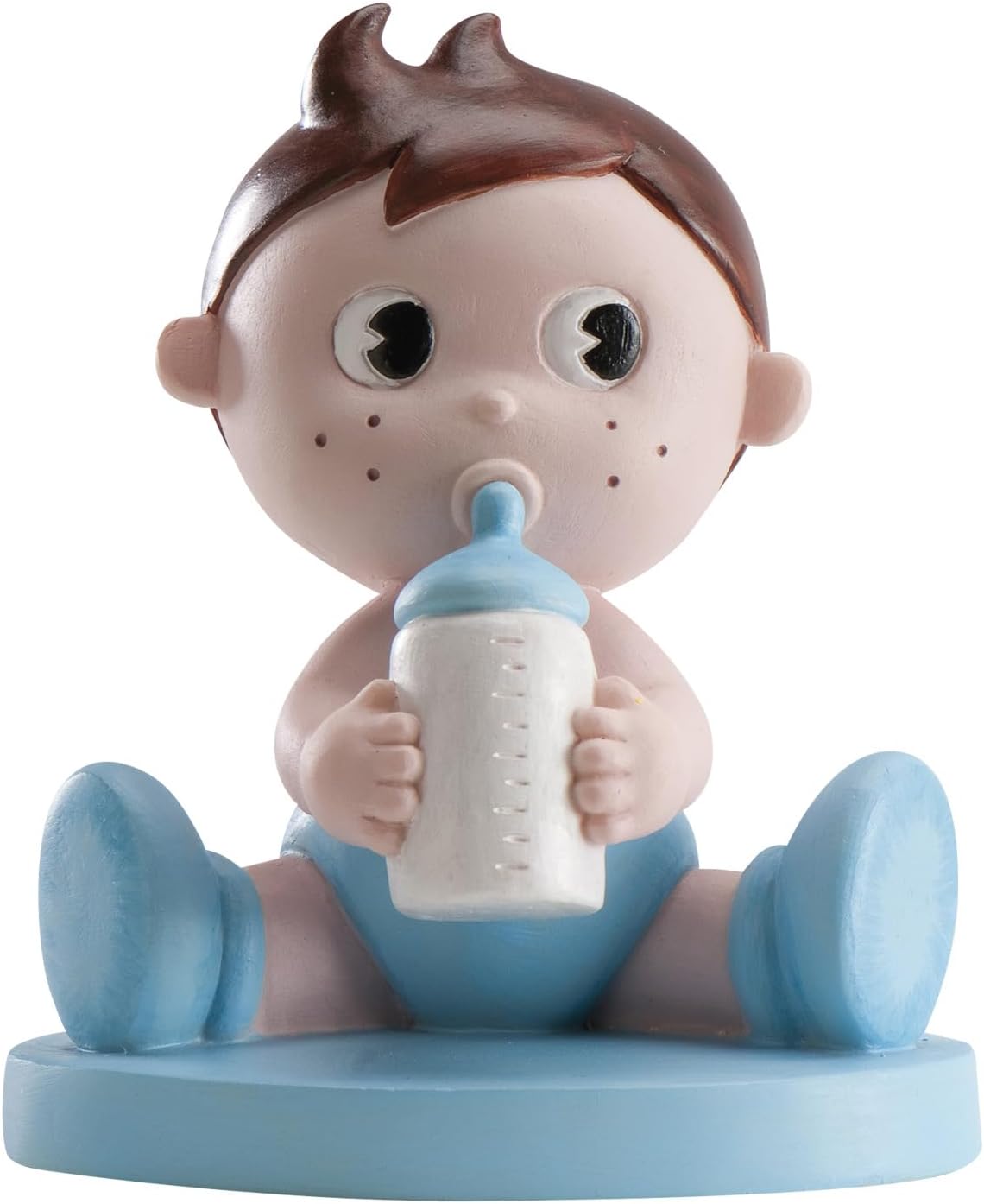 dekora- Figura de Decoracion Bautizo Niño, Bebé con biberón, 10 cm, Elaborada en Resina, Adorno para Tartas de Bautizo y Baby Shower Diseño Original y Detallado - Apto para Contacto Alimentario