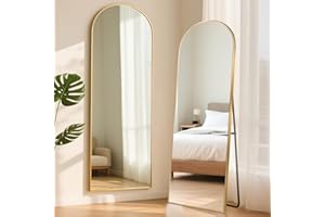 ‎ABXMAS ABXMAS Bodenspiegel Rechteckiger Winkel 165x60cm Gold, Ganzkörperspiegel aus Aluminium, Gewölbte Form Standspiegel Wandspiegel für Flur oder Schlafzimmer