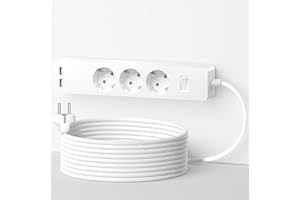 Listwa zasilająca USB, NTONPOWER Listwa zasilająca ścienna z 3 gniazdami i 2 portami USB, przewód 5 m, z uchwytem ściennym i śrubami, przełącznikiem, wielofunkcyjna ochrona, ochrona dla dzieci, biała