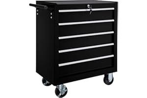 TecTake® Robust Tool Cabinet on Wheels, 5 Lockable Drawers, Anti-Slip Mats, and Parking Brakes. Made from Powder-Coated Steel, a Versatile Storage Box for Tools and Equipment - black