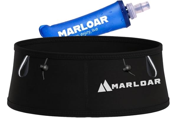 MARLOAR Ceinture Running + Flasque Running 250ml en Cadeau - Ceinture Hydratation Running - Ceinture de Course avec Porte dossard et Porte bâton Inclus pour Le Trail Running, Noir (Black, M)