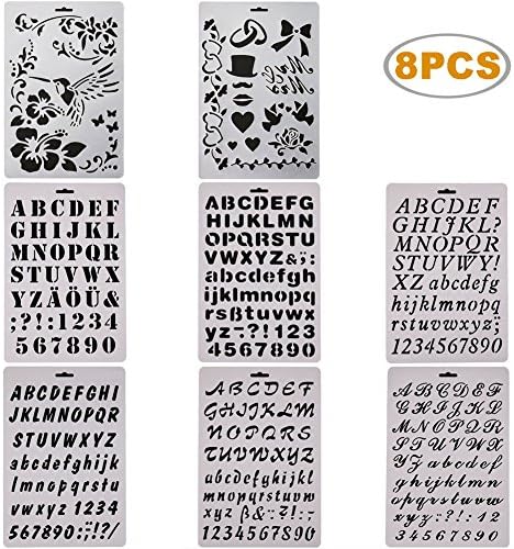 SUNSWEI 8 PCS Bullet Journal Stencil Template Sets, Alphabet Letter Drawing Painting Stencils Template for Planner/Notebook/Diary/Scrapbooking/Journaling/Graffiti/Card Drawing Painting Craft Projects