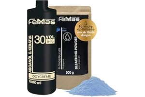 Kit décoloration FeMmas 9% I Poudre décolorante bleue 500g et Crème oxycrème révélatrice 1000 ml I Kit parfait pour l'éclaircissement à domicile I Pour une décoloration jusqu'à 9 tons en qualité salon