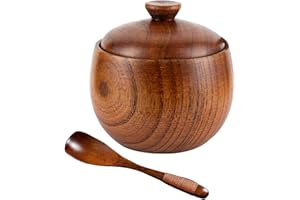 SCOUTTEEMO Boîte à Sel en Bois, Pot à Sel avec Couvercle et cuillère, Boîte à Sel Ronde, Récipient à Sel, Design D'angle Arrondi, pour Sel, Sucre, thé, Café,épices, Stockage de Condiments de Cuisine