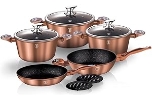 BERLINGERHAUS Berlinger Haus Rose Gold Set di Pentole Induzione 10-Piece Antiaderente Marmo PFOA-free, Alluminio, Set 3 Casseruoli, 3 Coperchi di Vetro 2 Padella, 2 Sottopentole, Diseño Metallic Line, Vetroceramica