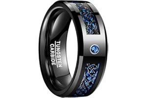 NUNCAD Anello Uomo Donna con Drago Celtico Nero,Fibra di Carbonio Blu e Zircone,Anello Tungsteno 8mm per Matrimonio Fidanzamento Associazione Taglia 14-32
