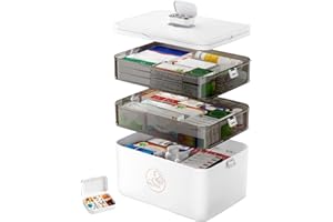 Caossuixin 3 Etagen Medikamenten Aufbewahrung, 30X16X24cm Medizinbox mit Tragbarer Griff, Multifunktions Medikamenten Organizer, Hausapotheke Box, Medikamentenbox Groß, Aufbewahrungsbox Weiß