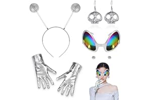 SHDIEHJFMLDH 4 Piezas Conjunto de disfraz de alien con purpurina diadema plateada,Gafas alienígenas de Sol,guantes alien ovni pendientes para mujer, disfraz de adultos, accesorios de disfraz alienígena cosplay