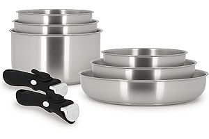 MENASTYL - Batterie de cuisine inox 18/10 amovible 8 pièces Iris Inox sans PFAS - Tous feux dont induction, four, réfrigérateur et lave-vaisselle - Empilable et résistante - Poignée double sécurité
