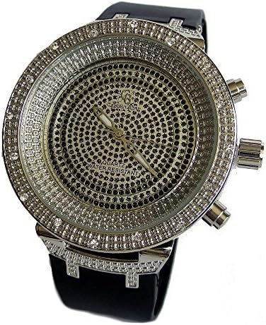Men's Silver Plated Black CZ Stone Face Rubber Strap HipHop Bling Watch