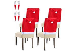 Tibroni 4 Stuhlhussen Weihnachten Set, Weihnachtsdekoration Weihnachtsstuhlbezug, mit 4 Weihnachtsmütze für Gabel Messer, Stuhlbezug Stuhl Abdeckung Stuhlabdeckung für Neujahr Weihnachtsfeier