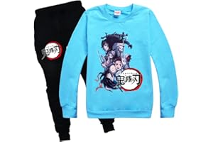 Yumenam Unisex Niño Traje de Chándal Sudaderas y Pantalones 2 Piezas Conjunto Tanjirou Nezuko Impreso Cuello Redondo Casual Pullover Jogging Sudaderas Chándal Jumper Hip Hop Streetwear Ropa Deportiva