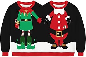 SANSIWU Two Person Ugly Christmas Pullover Couples Sweaters Christmas Jumper Tops Conjoined Twin Christmas Patterns Printed Funny Couples Sweatshirt