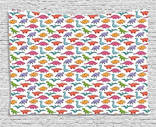 Dinosaur Tapestry, Variety of Dinosaurs in Colorful Cartoon Style Cute Archeology Pattern for Kids, Wall Hanging for Bedroom Living Room Dorm, 80 W X 60 L Inches, Multicolor