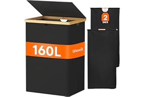 Lifewit 160L Panier a Linge 2 Compartiment en Bambou, Corbeille a Linge Pliable avec Couvercle, Grand Bac a Linge avec Double Sacs Amovibles pour Chambre, Salle de Bain, Buanderie, Noir