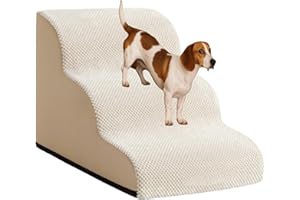 CHIEFAWAY Pet Stairs Ramp for Small Cats and Dogs, Comfortable Slope Design with Washable Fabric Cover, 3 Tiers Non-Slip Bottom & High-Density Foam Steps for Beds and Sofas, 40CM Height, Beige