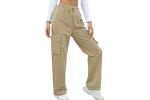 PASUDA Pantaloni Cargo Donna Y2K Pantaloni Larghi Dritti Vita Alta Casual Pantalone Elastico in Vita Pantaloni Donna Comodi Cotone con Tasche Laterali e Coulisse